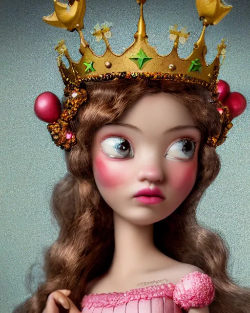 Image similar to closeup face profile portrait of a tin toy fairytale princess wearing a crown eating cakes in the castle, bikini, depth of field, zeiss lens, detailed, symmetrical, centered, fashion photoshoot, by nicoletta ceccoli, mark ryden, lostfish, breathtaking, 8 k resolution, extremely detailed, beautiful, establishing shot, artistic, hyperrealistic, octane render