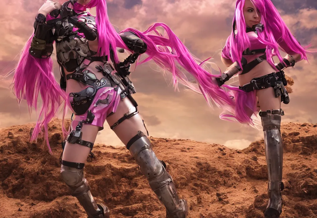 Image similar to cosplay pink haired, tanned colombian, solo female character, light platinum armour, miniskirt, driving military motorbike, in fantasy rocky sand desert landscape, large arched rocks, city lights, depth of field, atmospheric, final fantasy, cinematic, realistic, stylised, unreal engine, lumen, realistic,