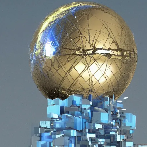 Image similar to a sphere containing a sphere which contains a city, the first sphere is translucent gold and the second sphere is translucent blue and the city is metallic silver, digital, 3D, detailed, photo realistic