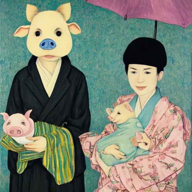 Image similar to tall emo female artist holding small portraits and piglet on a train, wearing a kimono, on yamanote line in japan, tokyo station, summer, sweat, ice coffee, pigs, octopus, acrylic on canvas, surrealist, by magritte and monet