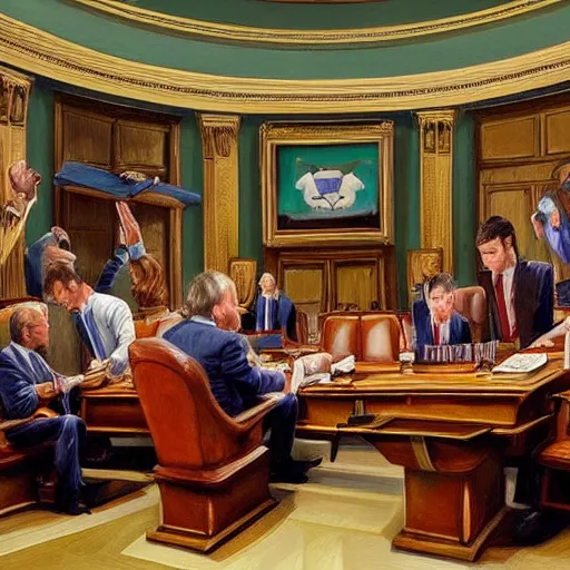 Prompt: oil painting of us senators devouring bones in the Senate chamber