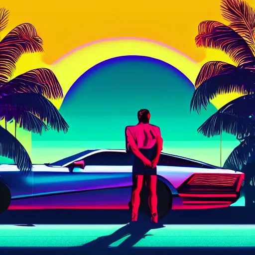 Prompt: a guy leaning against a synthwave car looking off into the sunset in miami, synthwave, vaporwave, digital painting, retro 8 0's box cover art