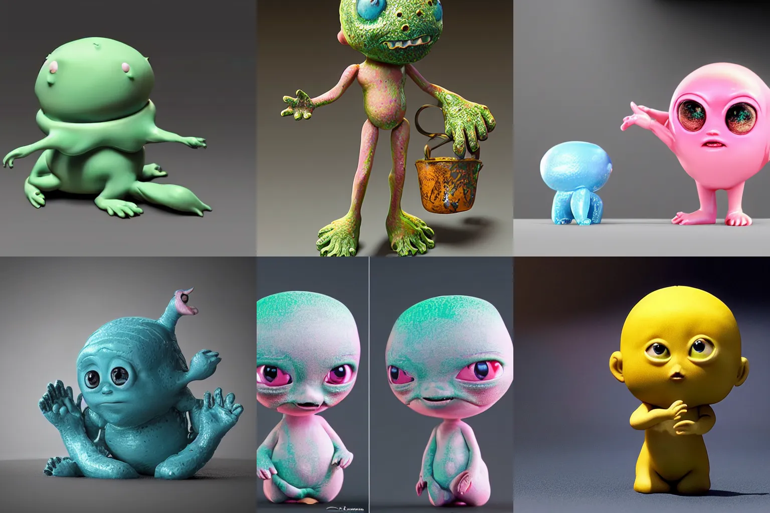 Prompt: melted ebay product, beautiful cute baby, cute miniature resine action figure, High detail photography, 8K, 3d fractals, cute pictoplasma, one simple ceramic tintoy melting plastic, melting, melting swampmonster Figure sculpture, 3d primitives, in a Studio hollow, by pixar, by jonathan ive, cgsociety, simulation