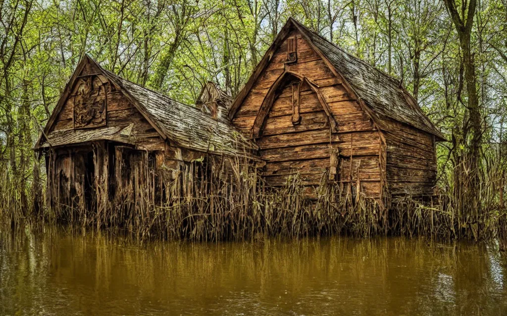 Image similar to an old rotten wooden chapel in a swamp, realistic, old color photograph, dynamic composition, creepy