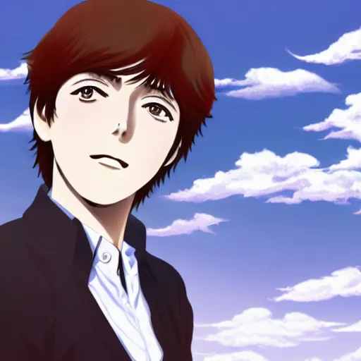 Image similar to anime illustration of young Paul McCartney from the Beatles, wearing a blue and white check shirt, silver sports watch, on a yacht at sea, relaxing and smiling at camera, white clouds, ufotable