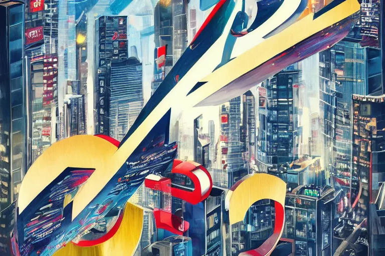 Prompt: an epic comic book style painting of the uppercase letter x towering over the world, the letter x, giant font, lettering, future tokyo cityscape with ribbons, banners and ribbons, trending on artstation, dynamic lighting