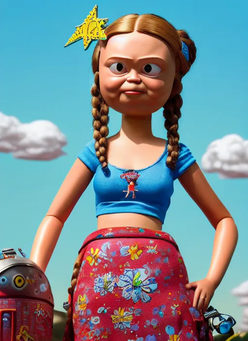 Image similar to highly detailed closeup, profile portrait of a tin toy greta thunberg wearing a bikini and mini - skirt, unreal engine, nicoletta ceccoli, mark ryden, earl norem, lostfish, global illumination, detailed and intricate environment