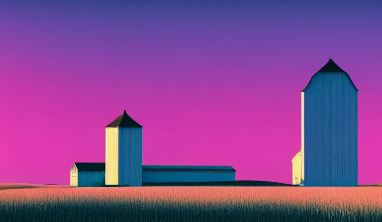 Image similar to a beautiful, sharp focus, and immaculate overcast grain elevator on the palouse. vaporwave ombre rendering. outrun style. trending on artstation. recommended for you behance. by chris moore. by edward hopper. beeple colors. ambient occlusion. digital matte painting. metropolis filmic. gotham city.