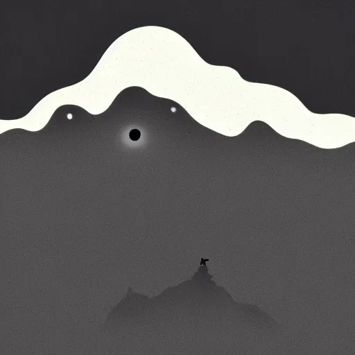 Prompt: a black dot in the sky sucking up a mountain, dark lighting, landscape