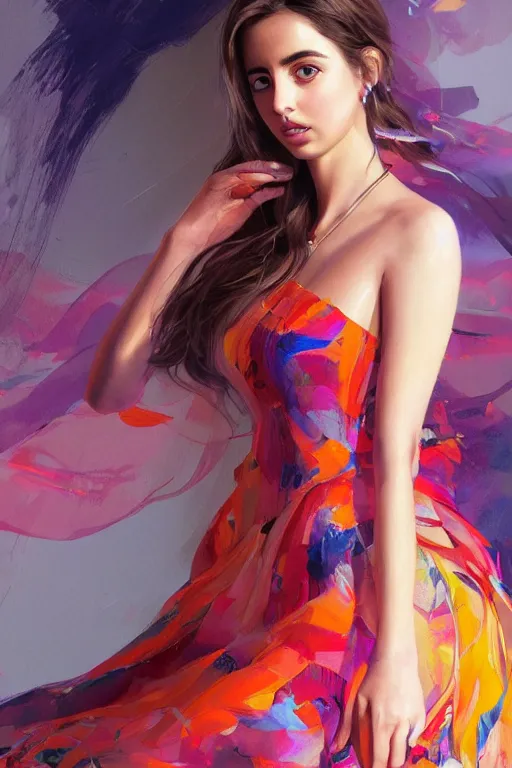 Image similar to a ultra detailed beautiful painting of ana de armas, wearing a colorful flowing dress, high angle shot, oil painting, by ilya kuvshinov, greg rutkowski and makoto shinkai