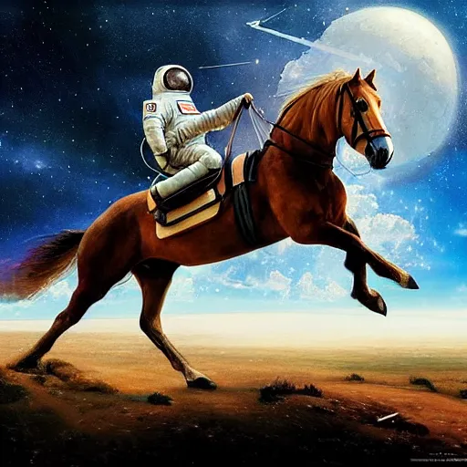 Image similar to a horse on top of a man, the astronaut is carried by the horse, hyperrealism, no blur, 4 k resolution, ultra detailed, style of ron cobb, adolf hiremy - hirschl, syd mead, ismail inceoglu, rene margitte