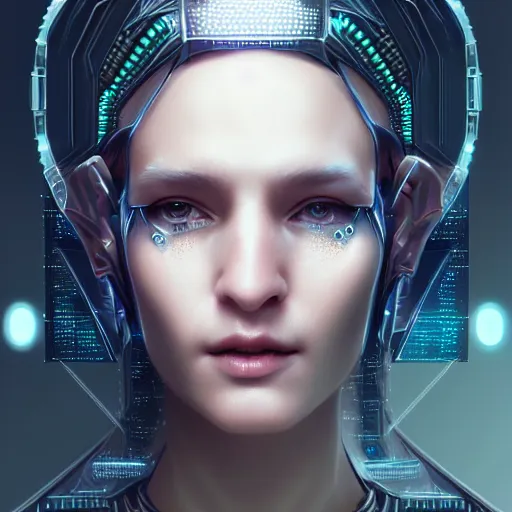 Image similar to cyberpunk robotic dark elvish king, diadem on the head, cyber implants, extremely detailed, hyperrealistic, intricate, soft light, fantasy, digital painting, art station, perfect faces, fine details, by wlop