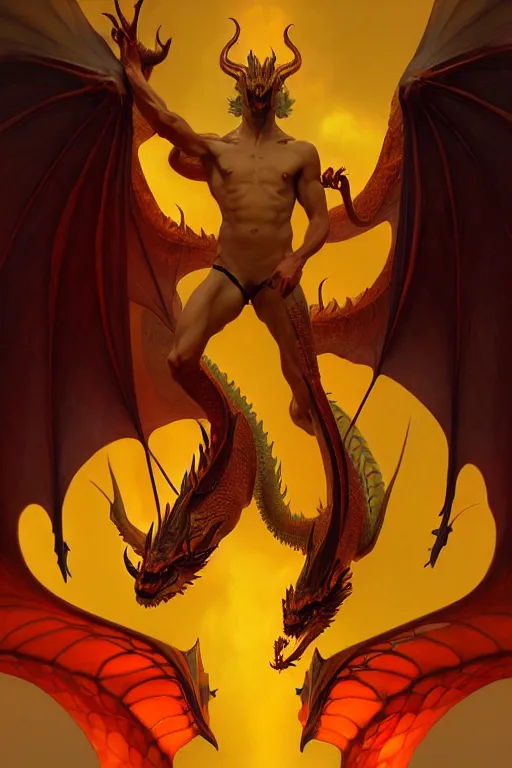 Prompt: full figure beautiful young fit antrophomorphic male dragon, frontal view, no wings, luminous scene, by greg rutkowski and alphonse mucha, d & d character, gradient yellow to red, in hell, highly detailed portrait, digital painting, artstation, concept art, smooth, sharp focus illustration, artstation hq
