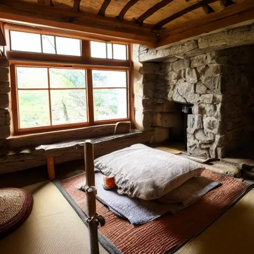 Image similar to photo of interior of historic cozy stone cottage, english and japanese, nature theme