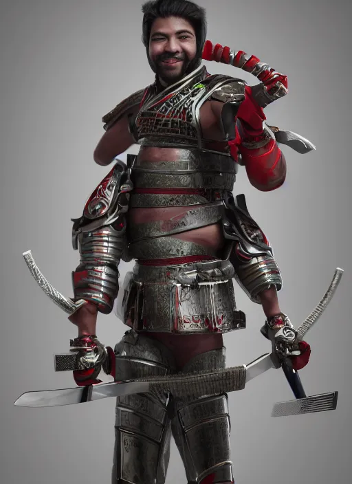 Prompt: sexy samurai cyborb brazilian man, smiling, with a red katana, professional portrait photography, octane render