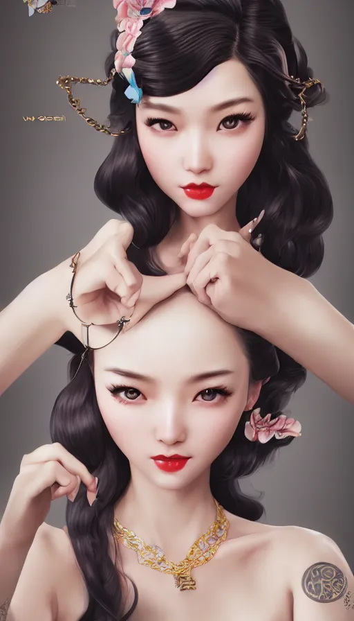 Image similar to a pin up and beautiful fashion and charming and dreamlke asian girl, lv jewelry, art by artgerm & jeehyung lee & wlop, hyperdetailed, 8 k realistic, symmetrical, frostbite 3 engine, cryengine, dof, trending on artstation, digital art