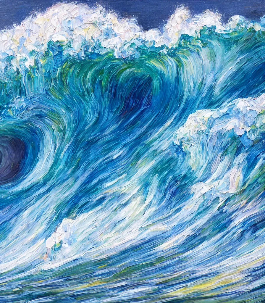 Image similar to an impasto oil painting of a beautiful barreling wave af pipeline in hawaii, traidic color scheme, high detail, breathtaking wave, modern art, abstract art, soft colors