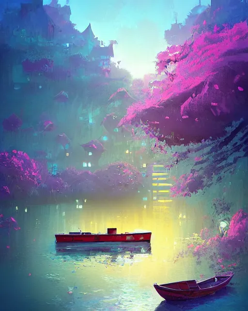 Image similar to a houseboat by a small fishing village on the river | cherry - blossoms | highly detailed | very intricate | serene romantic fantasy whimsical magical | professional cinematic lighting | pixar | award - winning | matte painting by anton fadeev and paul lehr and rhads and alena aenami | pastel color palette | featured on artstation