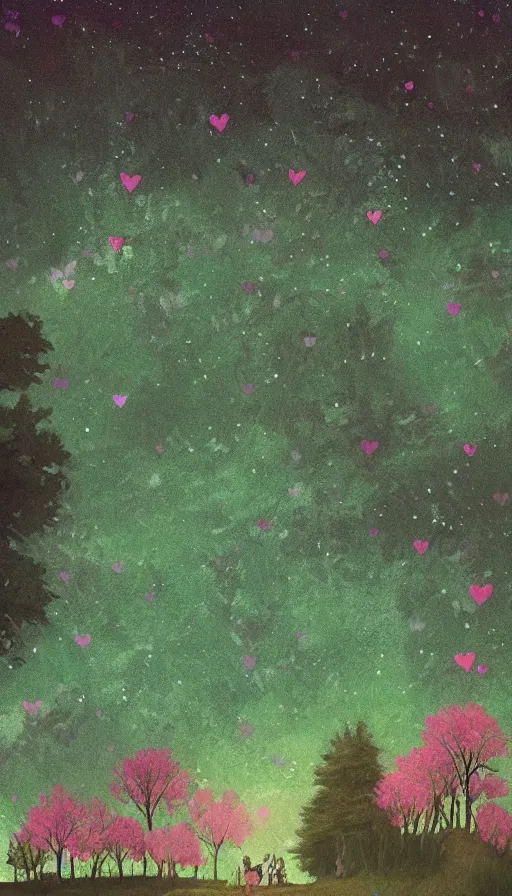 Prompt: pink hearts on the starry night sky, green forest, trending on artstation, beautiful, detailed, 4 k