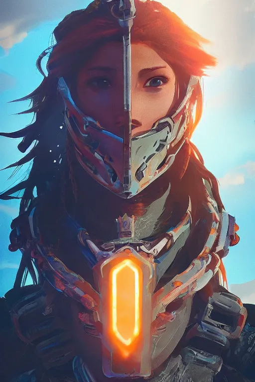 Image similar to combination suit armor aloy horizon forbidden west horizon zero dawn radiating a glowing aura global illumination ray tracing hdr fanart arstation by ian pesty and alena aenami artworks in 4 k tribal robot ninja mask helmet backpack