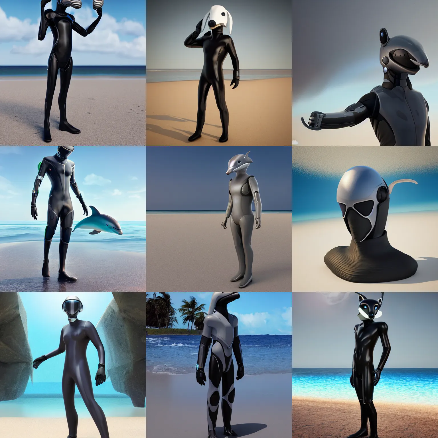 Prompt: furry art, synthetic male anthro android with a dolphin's head, sleek waterproof design, dark opaque visor over top of face, standing on a beach, commission on furaffinity, cgsociety, octane render