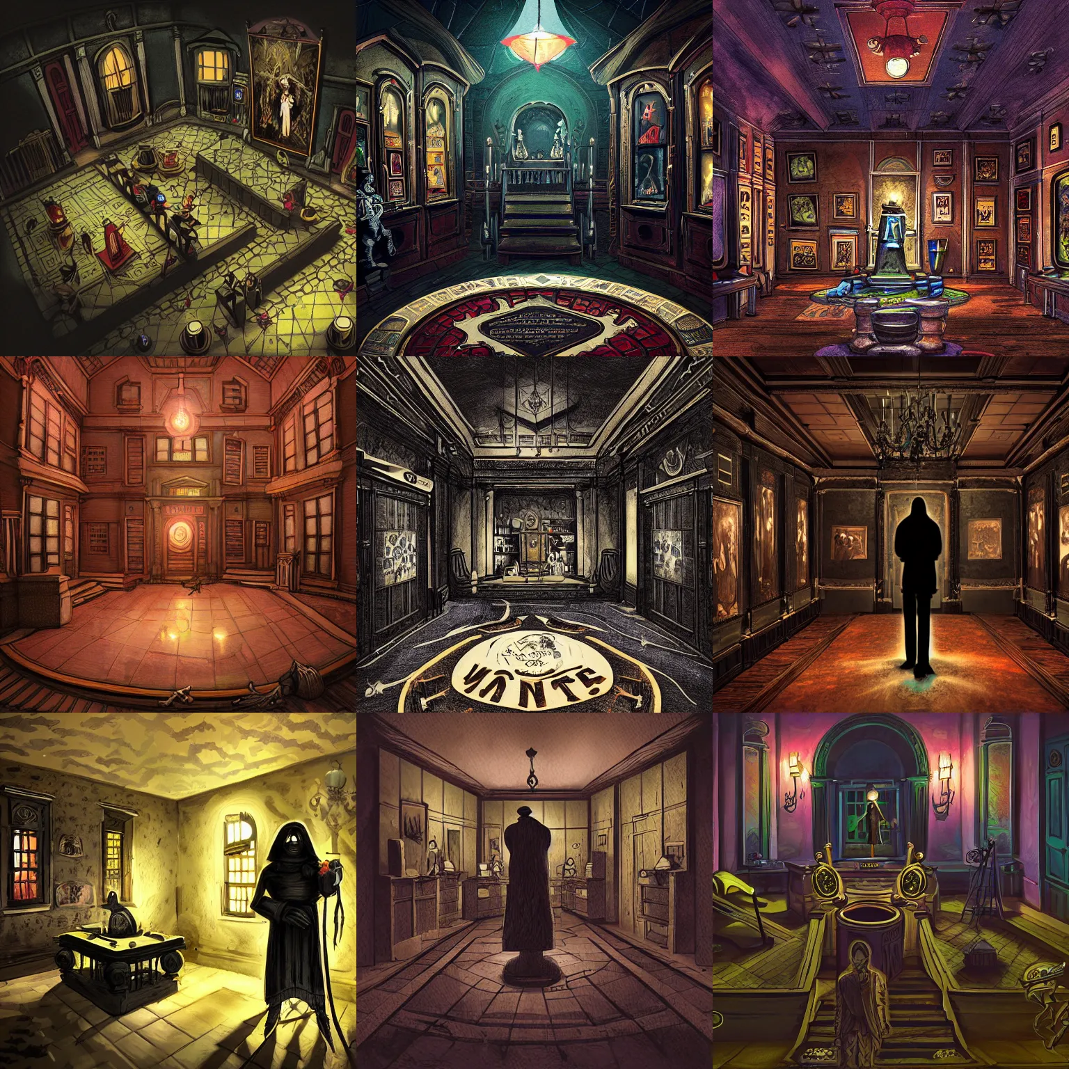 Prompt: dark museum interior at night with cultist figure standing at center, illustration in style of mansion of madness boardgame, colorfull, digital art, photorealistic, by John Pacer