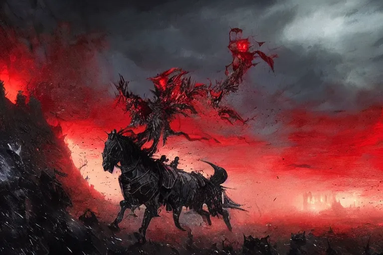 Image similar to a angry knight in full plate of black armor, splattered with blood, riding a large black horse, with red glowing eyes, flowing red mane and tail, blackened clouds cover sky, crackling with lightning, a castle in distance burns, concept art by greg rutkowski, craig mullins, todd mcfarlane,