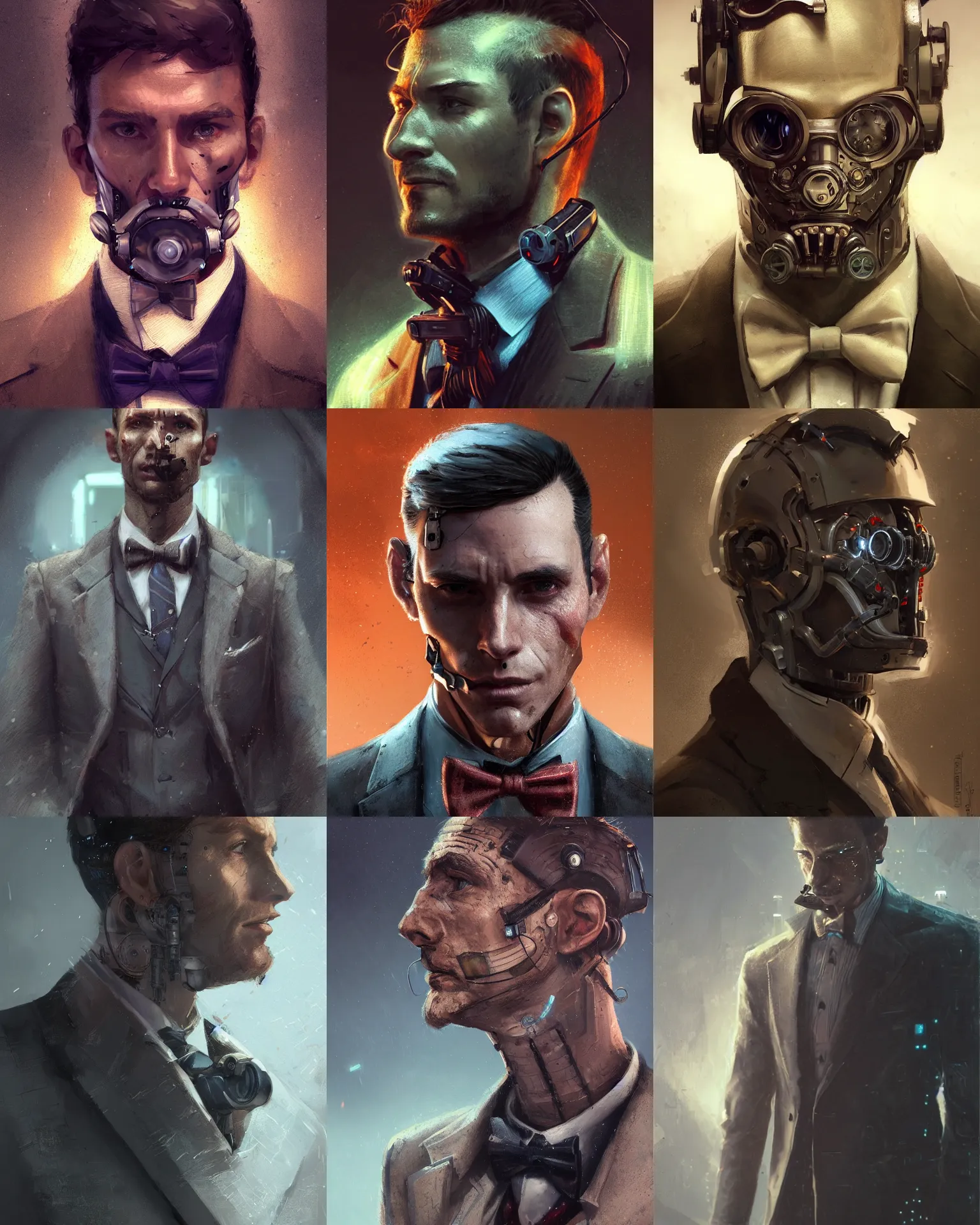 Image similar to a rugged young engineer man with cybernetic enhancements wearing a suit and bowtie, detailed face, scifi character portrait by greg rutkowski, esuthio, craig mullins, 1 / 4 headshot, cinematic lighting, dystopian scifi gear, gloomy, profile picture, mechanical, half robot, implants, steampunk