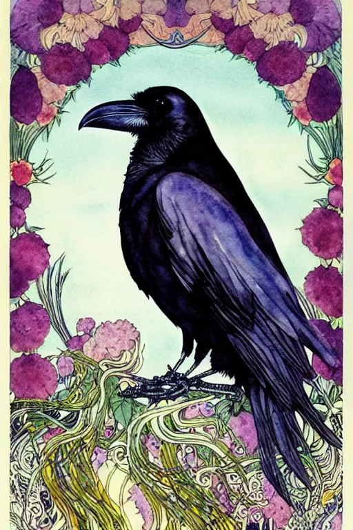 Prompt: photo realistic single realistic raven in the center of an ornate floral frame, art by kay nielsen and walter crane, illustration style, watercolor