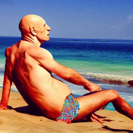 Prompt: nosferatu sunbathing on the beach, colorful photograph, beautiful day
