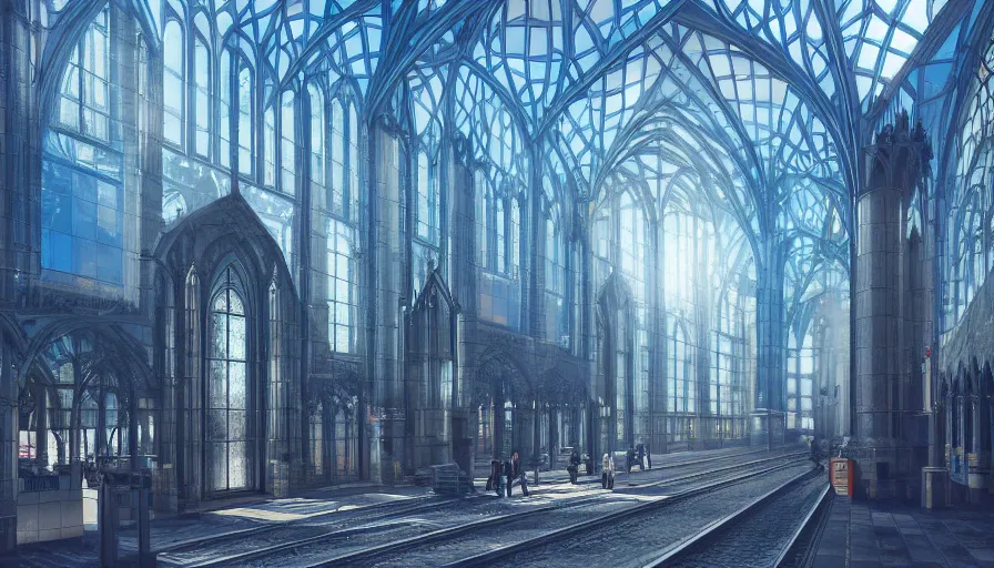 Prompt: futuristic neo - gothic brussels with blue glass church train station, stained glass, square, trains, day, volumetric light, hyperdetailed, artstation, cgsociety, 8 k