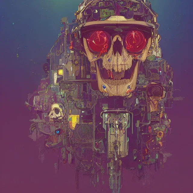 Image similar to a beautiful painting of a ( cyberpunk ) skull by simon stalenhag and pascal blanche and alphonse mucha! and nekro. in style of digital art. colorful comic, film noir, symmetry, hyper detailed. octane render. trending on artstation