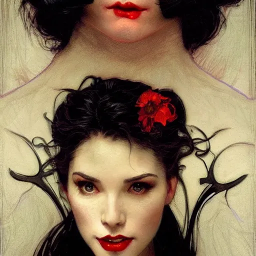 Prompt: portrait of a very beautiful vampire by Stanley Artgerm Lau , greg rutkowski, thomas kindkade, alphonse mucha, loish, norman rockwell, J. C. Leyendecker. dark black hair, pale skin, detailed eyes, red lips, cracks around the eyes and mouth. Trending on artstation rule of thirds extremely detailed 1800s oil painting hd 4k