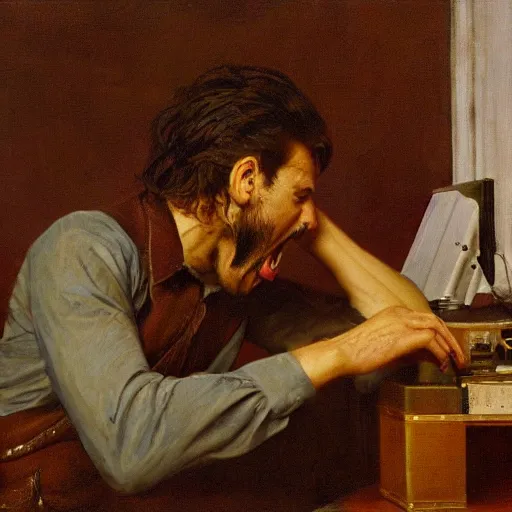 Image similar to an angry man yells at his computer monitor, oil on canvas, 1 8 8 3, highly detailed