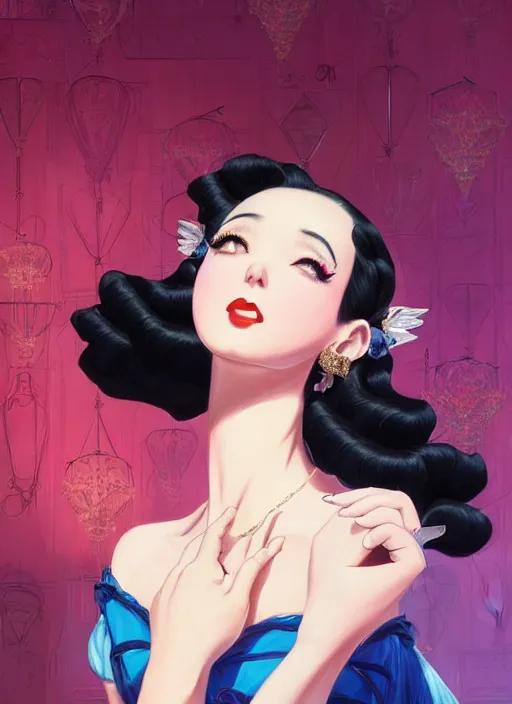 Image similar to a beautiful dancer with black hair in 1940's fashion, ballroom background, intricate, highly detailed, digital painting, artstation, official media, anime key visual, concept art, rich vivid colors, ambient lighting, sharp focus, illustration, art by Artgerm, Makoto Shinkai, Ilya Kuvshinov, Lois Van Baarle, and Rossdraws