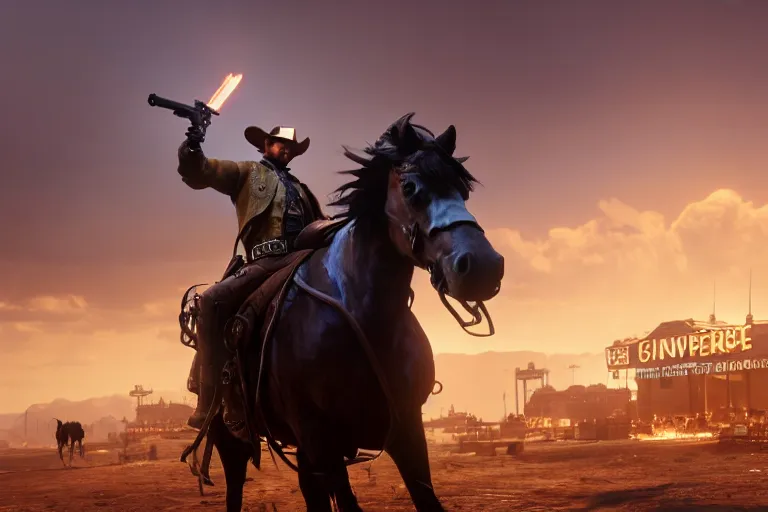 Prompt: photo from shoulder of a cowboy, riding a steampunk horse, carrying a big gun, on a futuristic shopping mall, cinematic lightning, ray tracing, unreal engine 5, photorealistic, 8 k, uhd, 4 k, red dead redemption 2 game concept, extremely detailed, beautiful, elegant, intricate, foggy, in - game footage