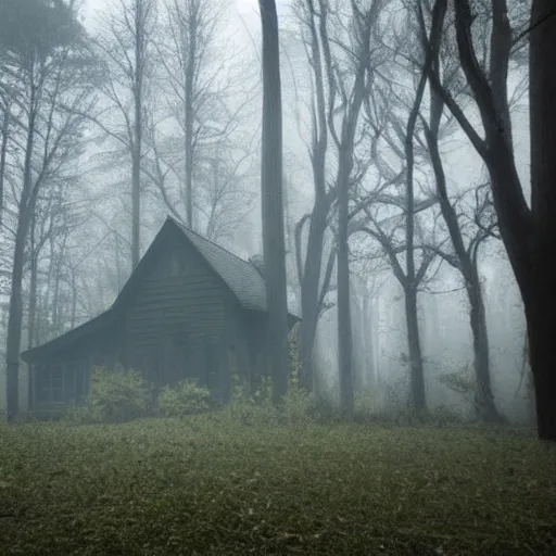 Prompt: lost house in the woods. foggy. eerie.