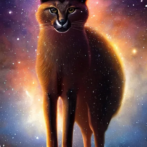 Image similar to a cute caracal, wearing a coat made of stars and nebulae, dramatic, volumetric lighting, planets in the background, smooth, sharp focus, very detailed, by greg rutkowski, artstation, tom badshaw, 8 k, symmetrical face