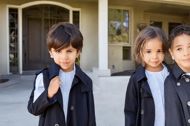 Image similar to two children in a trenchcoat buying a los angeles mansion from a real estate agent