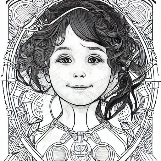 Image similar to clean simple line art of a cute little girl with a short brown wavy curly hair. she is dressed as an astronaut. no background. well composed, clean coloring book page, beautiful detailed face. coloring book line art by artgerm and greg rutkowski and johanna basford and alphonse mucha