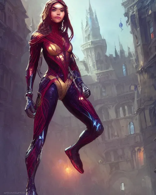 Image similar to a beautiful spiderwoman wearing a magical armor posing in a magical town, hyper realistic face, fantasy art, in the style of greg rutkowski, illustration, epic, fantasy, intricate, hyper detailed, artstation, concept art, smooth, sharp focus