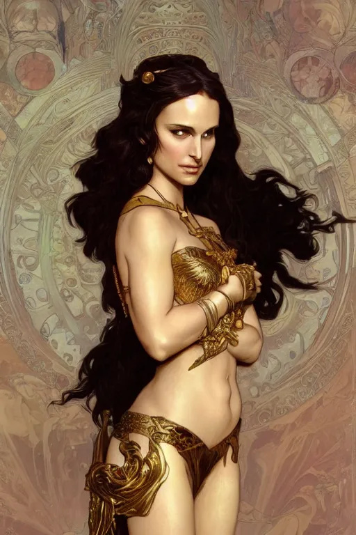 Prompt: natalie portman as dejah thoris, painted by nekro, alphonse mucha, dark - fantasy, intricate detail, artstation, cgsociety, rococo, gold leaf art