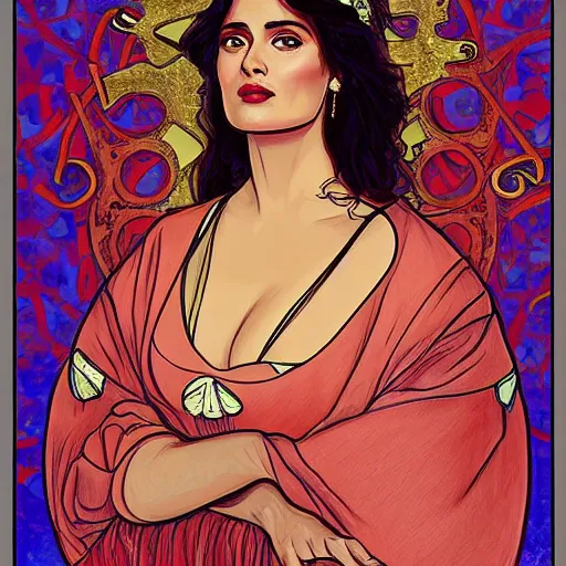Image similar to salma hayek portrait, mucha style