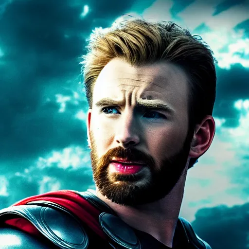 Prompt: chris Evans as thor, Marvel , cinematic, photorealistic, film grain, 4k, movie poster, 8k