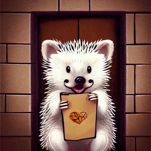 Prompt: cute adorable hedgehog opening the door, shy hedgehog, blushing, waving, smiling, cute, hedgehog, by cyril rolando