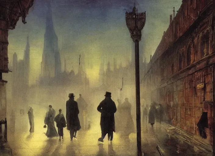 Image similar to 1 9 th century london, art by caspar david friedrich, thomas lawrence, john martin, dark, shady alleys, pub, pub sign, floor fog, coherent composition,