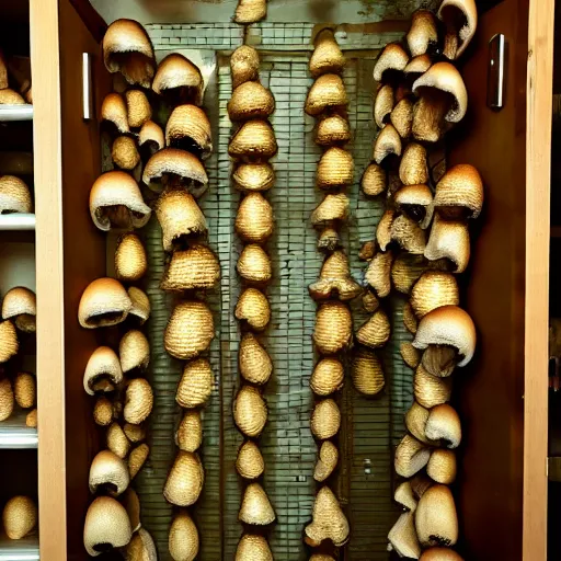 Image similar to realistic photo of golden teacher mushrooms growing inside a closet