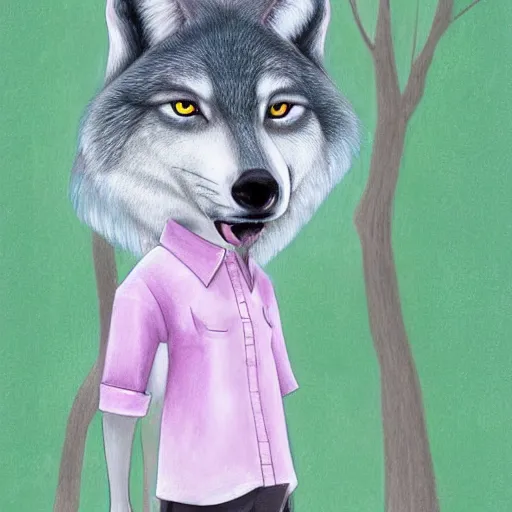 Image similar to Beautiful portrait drawing of an anthro anthropomorphic wolf wearing a cute pastel shirt, in Summer, at a forest. digital art