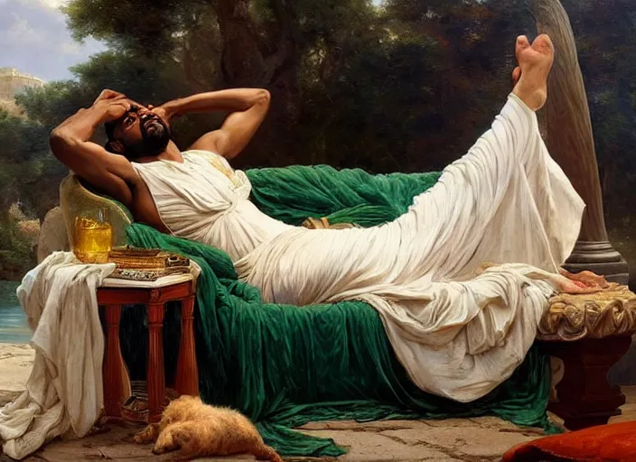 Prompt: kanye west relaxing in classical greece by vladimir volegov and alexander averin and pierre auguste cot and delphin enjolras and raphael lacoste