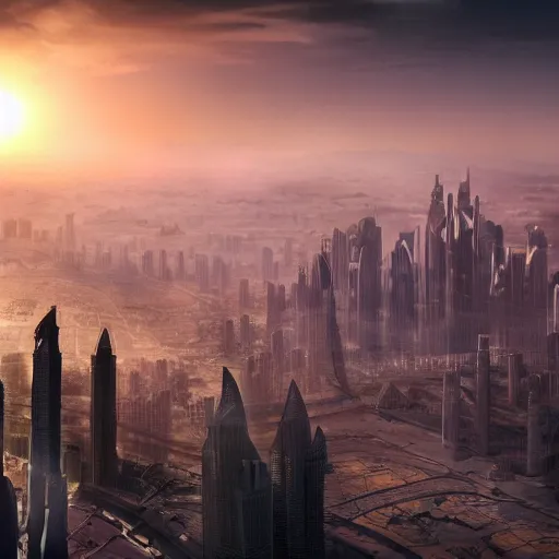 Image similar to detailed concept art of a great dragon presiding over the city of Dubai, the sun over a metropolis with the citizens looking upward in fear, darkness. Fire, stunning volumetric light, sunset, metal, concrete and translucent material, debris, trending on Artstation, 8k, photorealistic, hyper detailed, unreal engine 5, IMAX quality, cinematic, epic lighting,